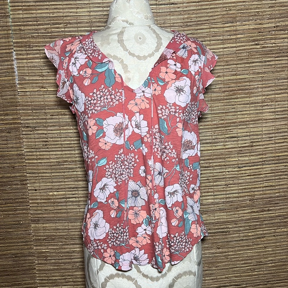 Lucky Brand Cotton and Modal Collar and Sleeves Coral Floral Blouse